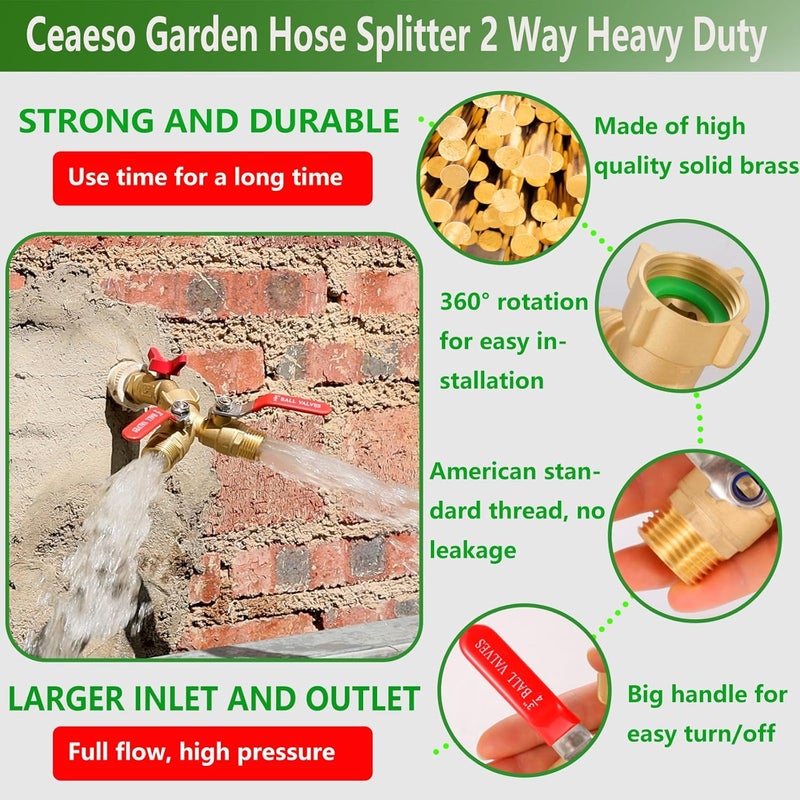 CbeeSo Brass Garden Hose Splitter 2 Way Heavy Duty, Y Valve Hose Splitter With Stainless Steel Long Handle, 3/4" GHT Thread Y Valve Water Garden Hose Tap Adapter - Image 3